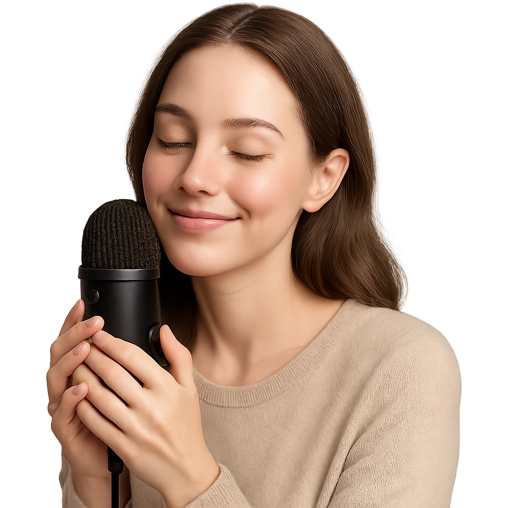 realistic person with microphone, experiencing ASMR, gentle smile, soft color palette, high definition, smooth edges emoji