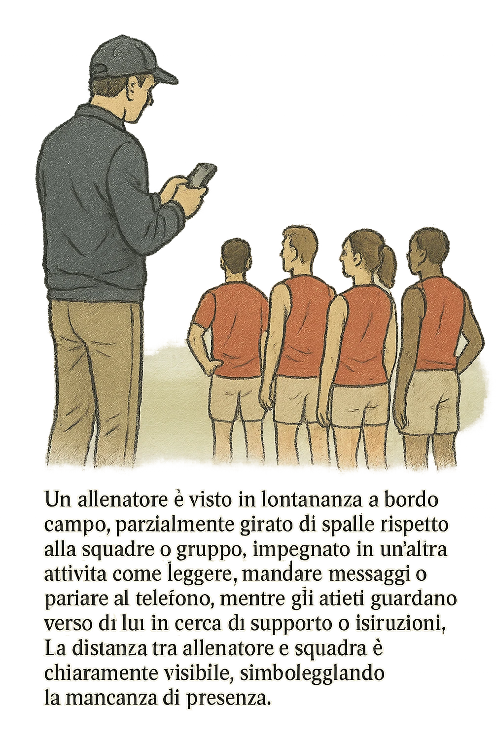 a coach is seen far away on the sidelines, partially turned away from the team or group, engaged in another activity (like reading, texting, or talking on the phone), while the athletes look toward them for support or instruction. The distance between coach and team is visually clear, symbolizing lack of presence. in italiano emoji