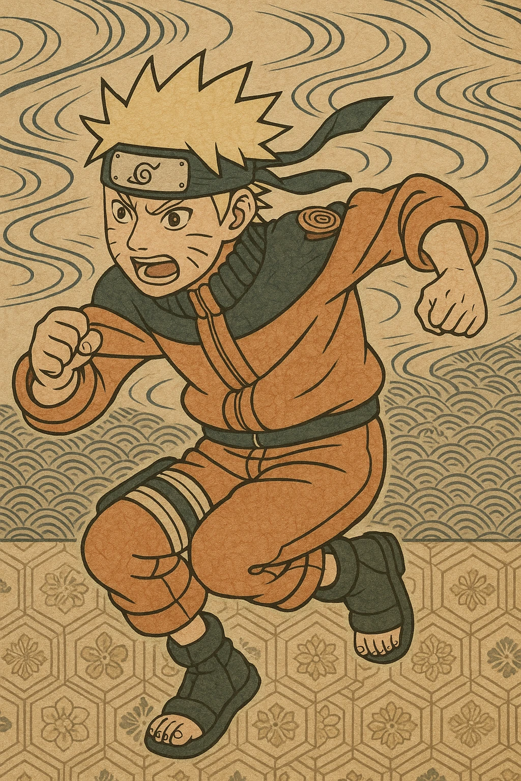 Naruto character in anime style, spiky blond hair, orange jumpsuit, ninja headband, energetic pose emoji