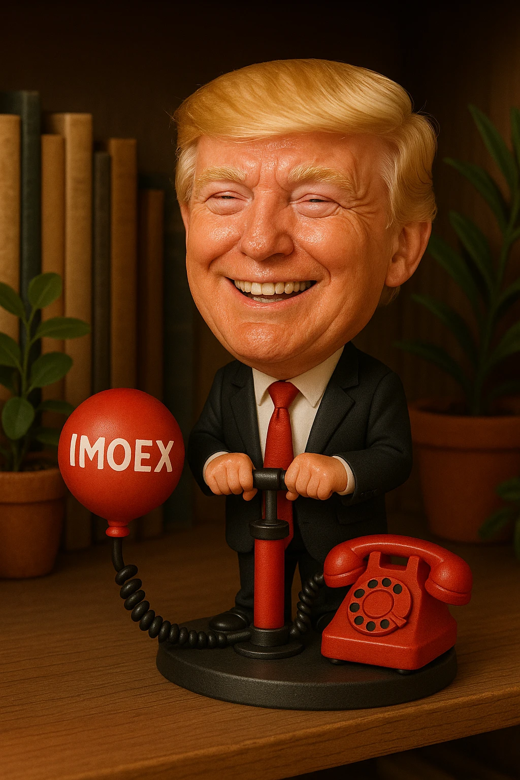 Дональд Трамп  улыбается в поте лица качает через насос в виде телефонного аппарата, который подключен к шарику, который символизирует фондовый рынок и на нём написано IMOEX emoji