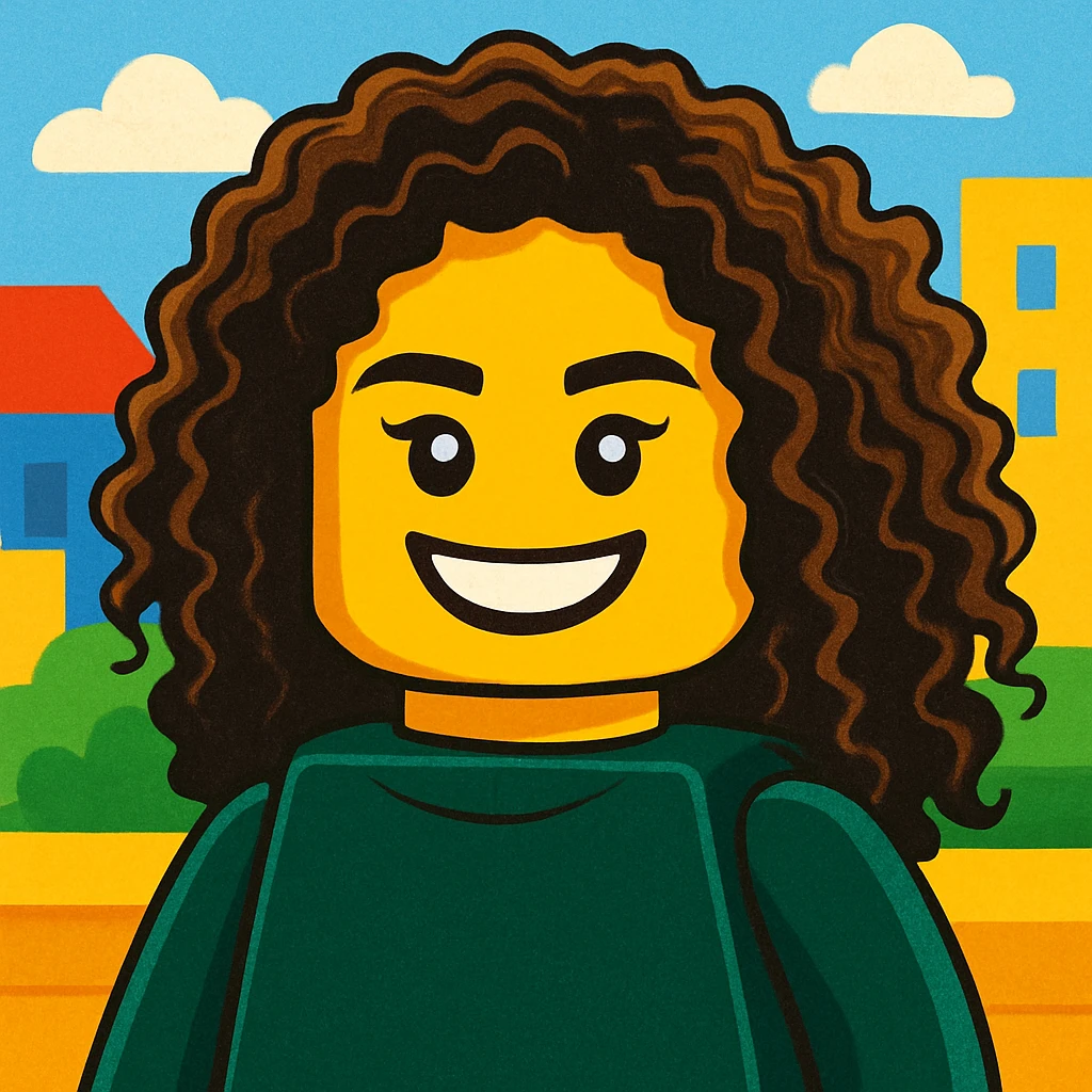Transform the face in the reference image into a LEGO minifigure head and upper body, preserving the hair and smile. Render in a bright, playful LEGO style with vibrant colors and simple, blocky shapes typical of LEGO minifigures. emoji
