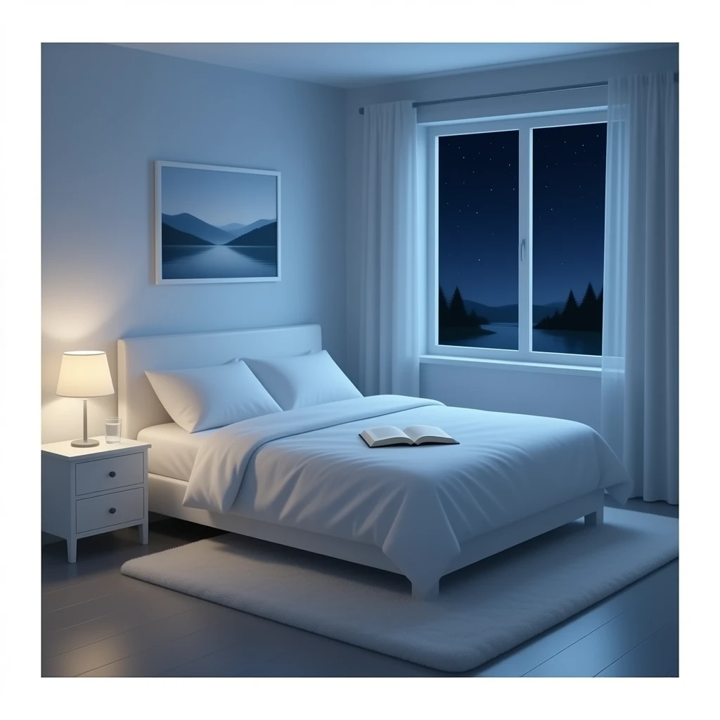 A dimly lit white bedroom. The bed is neatly made, and a glass of water sits beside a book on a cozy emoji