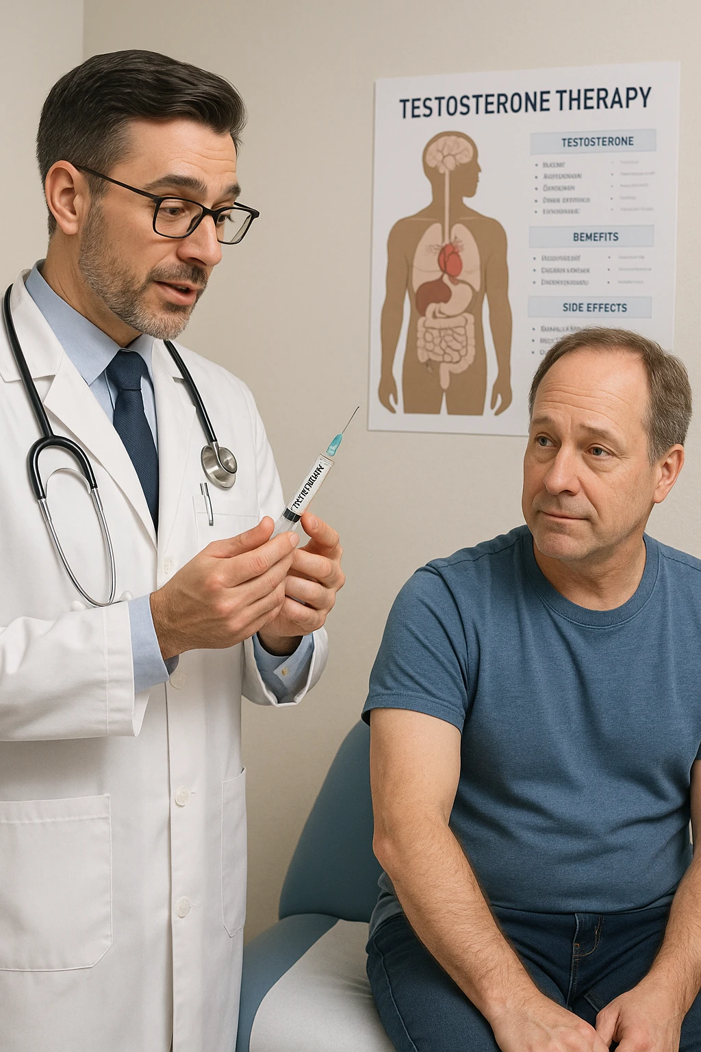 a doctor in a white coat prepares a syringe labeled “Testosterone” while a middle-aged man sits calmly on the examination table, sleeve rolled up and looking slightly apprehensive but trusting. The doctor explains the procedure, and a medical chart about testosterone therapy is visible in the background. The mood is professional and reassuring. emoji