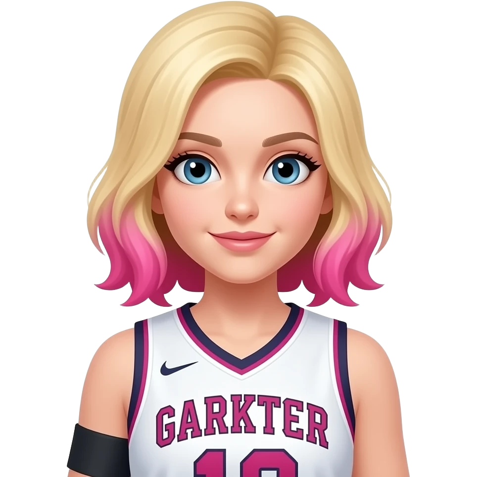 Make a blonde haired white girl have hot pink sides of her hair and make her shirt a basketball jersey and make her hold a basketball emoji