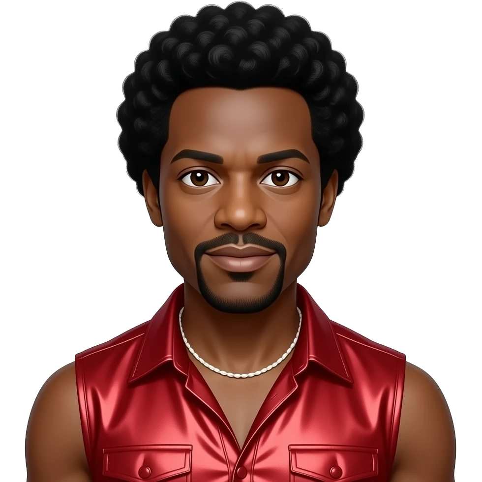Maurice White from Earth,Wind and Fire with dark brown eyes, black afro, red metallic sleeveless shirt, white necklace emoji