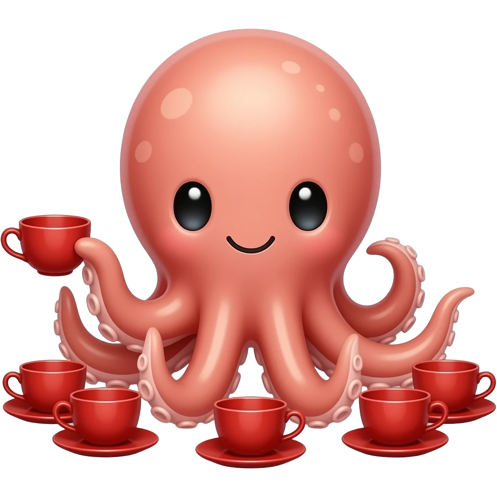 Cute octopus sitting low, holding red teacup in one tentacle while more cups surround it, front-facing whimsical pose emoji