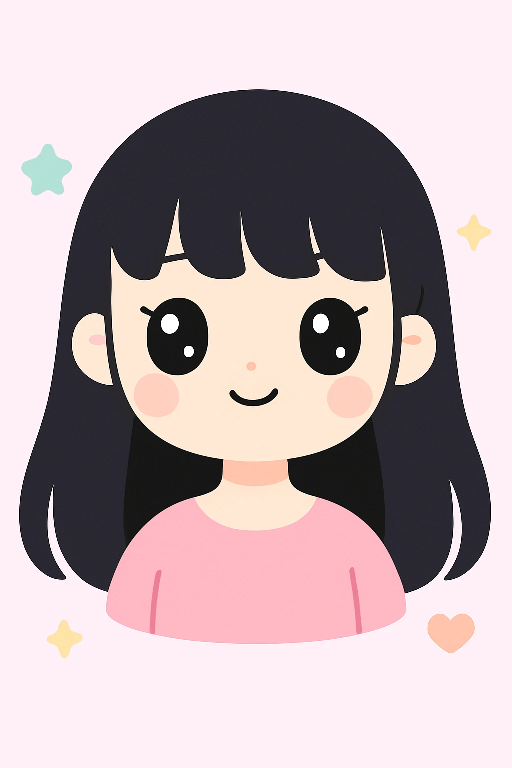 portrait of a pretty white girl with long black hair and thick bangs, soft pastel colors, kawaii style emoji