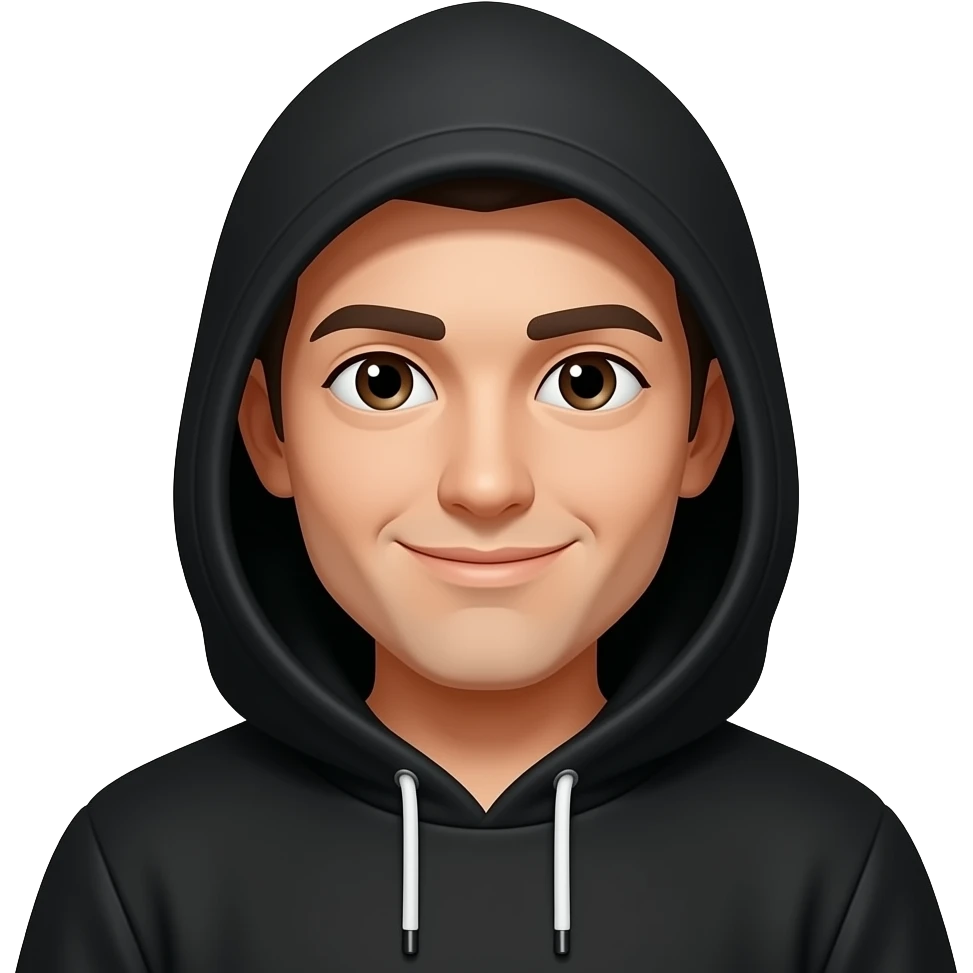 Black hoodie with an obscured face showing only the light of the nose and a smirk emoji