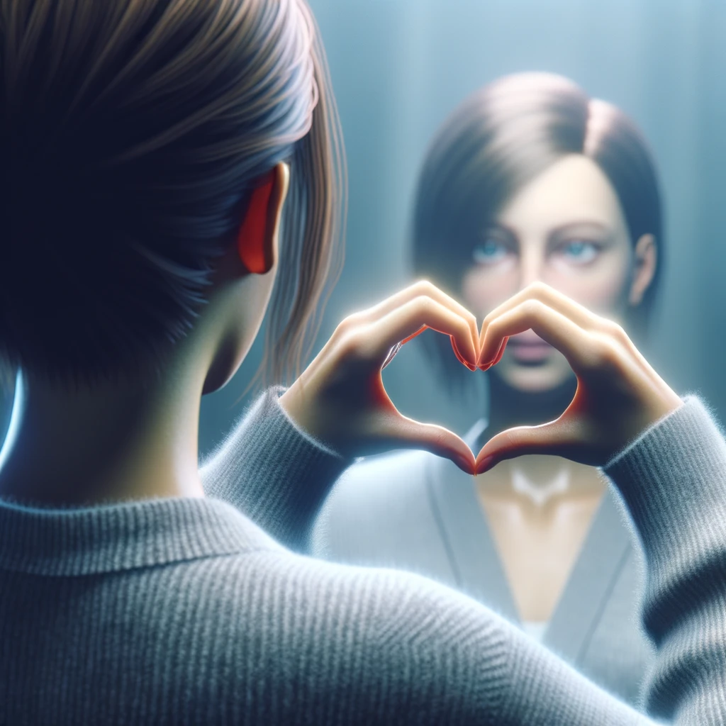 DONNA DI SPALLE CHE SI GUARDA ALLO SPECCHIO CREANDO UN CUORE CON LE MANI, iperrealistico 4k emoji
