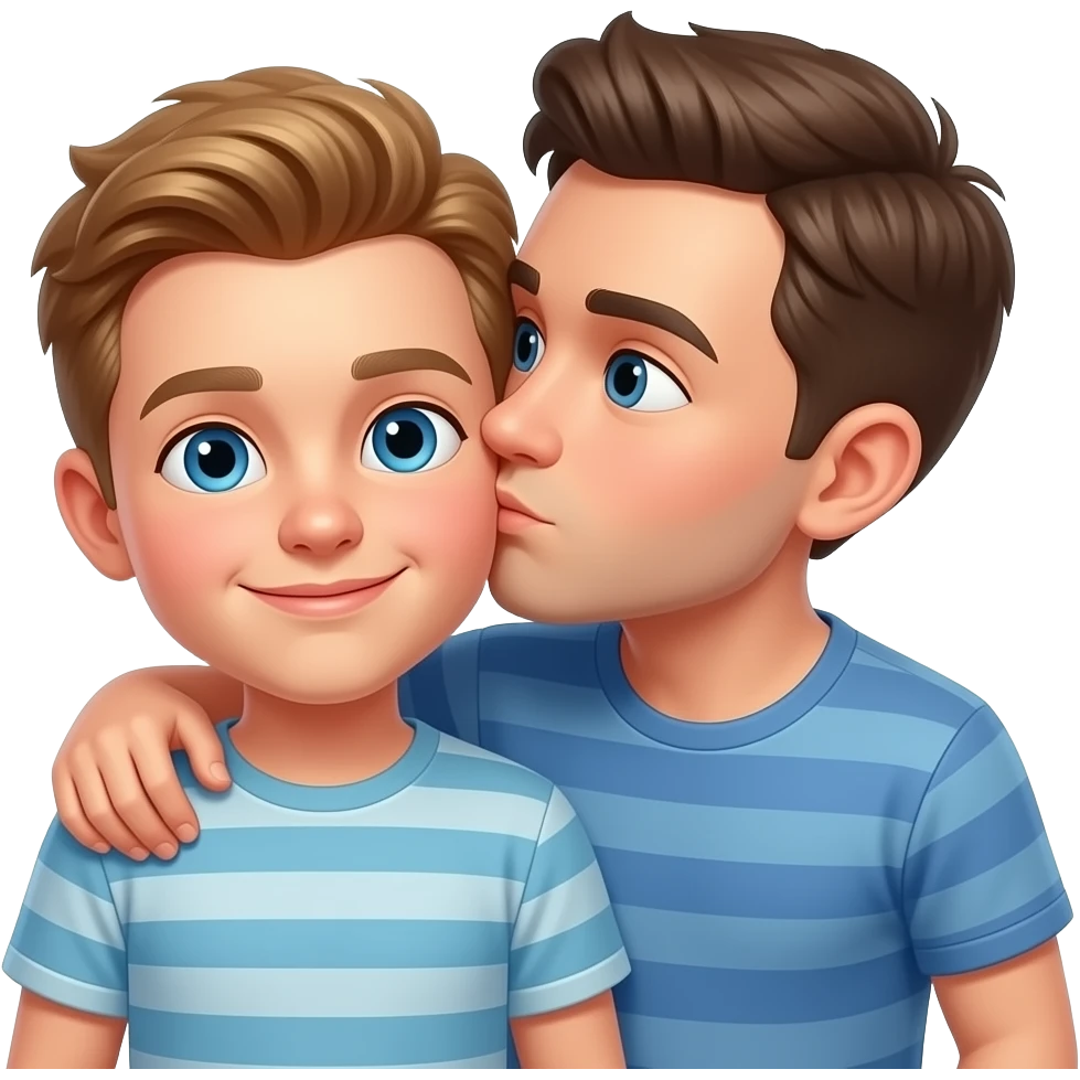 Erstelle ein Emoji von zwei Brüder, der eine um die 19 und der andere um die 25, der älter Bruder legt sein Arm über sein jüngeren Bruder und küsst ihn auf die Wange. Beide haben blaue Augen emoji