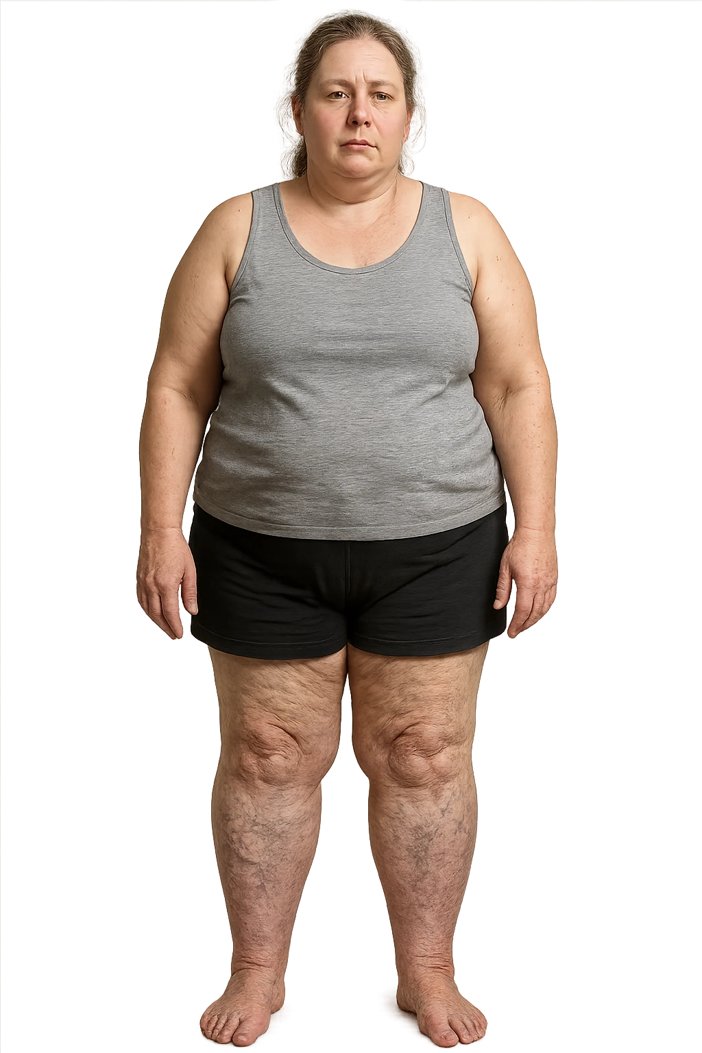 donna realistica leggermente in sovrappeso con vene visibili sulle gambe e gambe gonfie, iperrealistica 4k, IPERREALISTICA 4K emoji