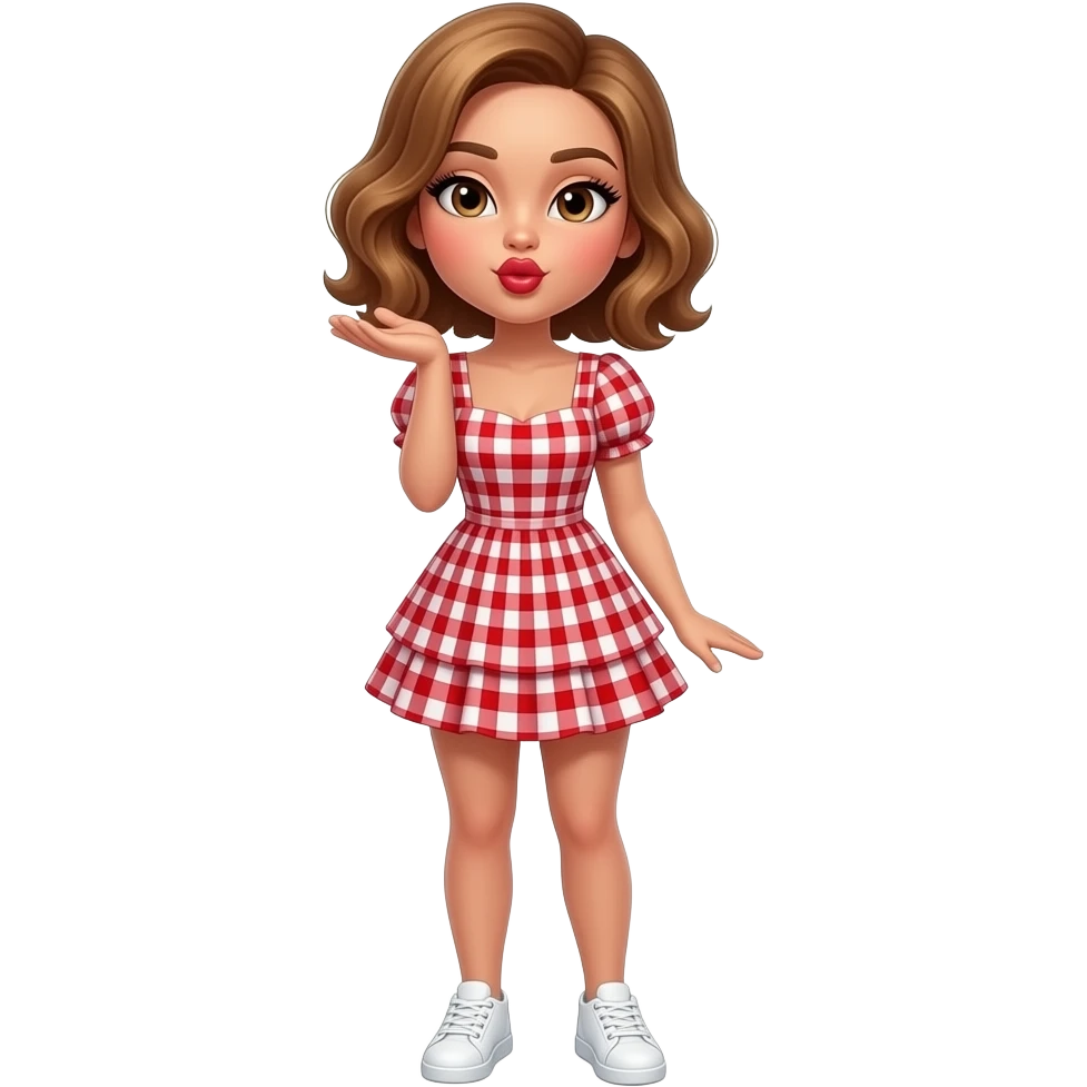 glamours,-tanned,-very-beautiful-girl,-with-big-plump-red-lips,-long-long-lashes,-honey-silky-very short- hair,-wavy-hair,-hazel-eyes- wearing- red-gingham-frill - dress- white-sneakers-winking-and-blowing-a-kiss-from-hand-full-body emoji