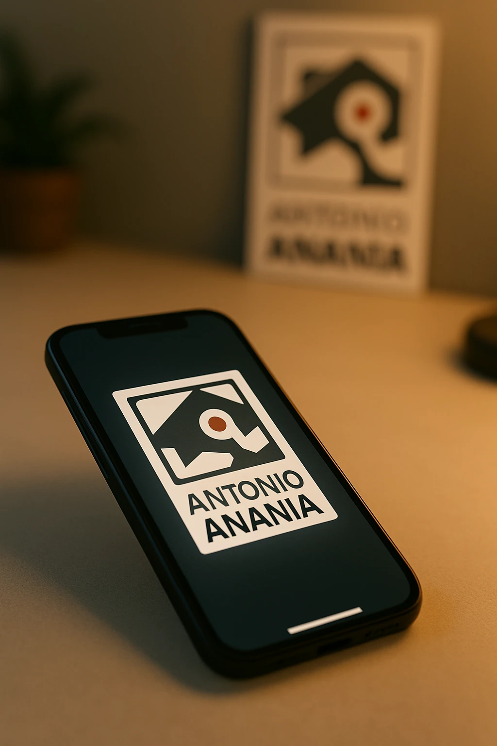 A photo of an iPhone with the message "Antonio Anania" on its screen, The phone sits atop a desk with a blurred background that suggests work environment. A faint glow from above casts gentle shadows across the surface of each object, creating depth and highlighting their textures emoji