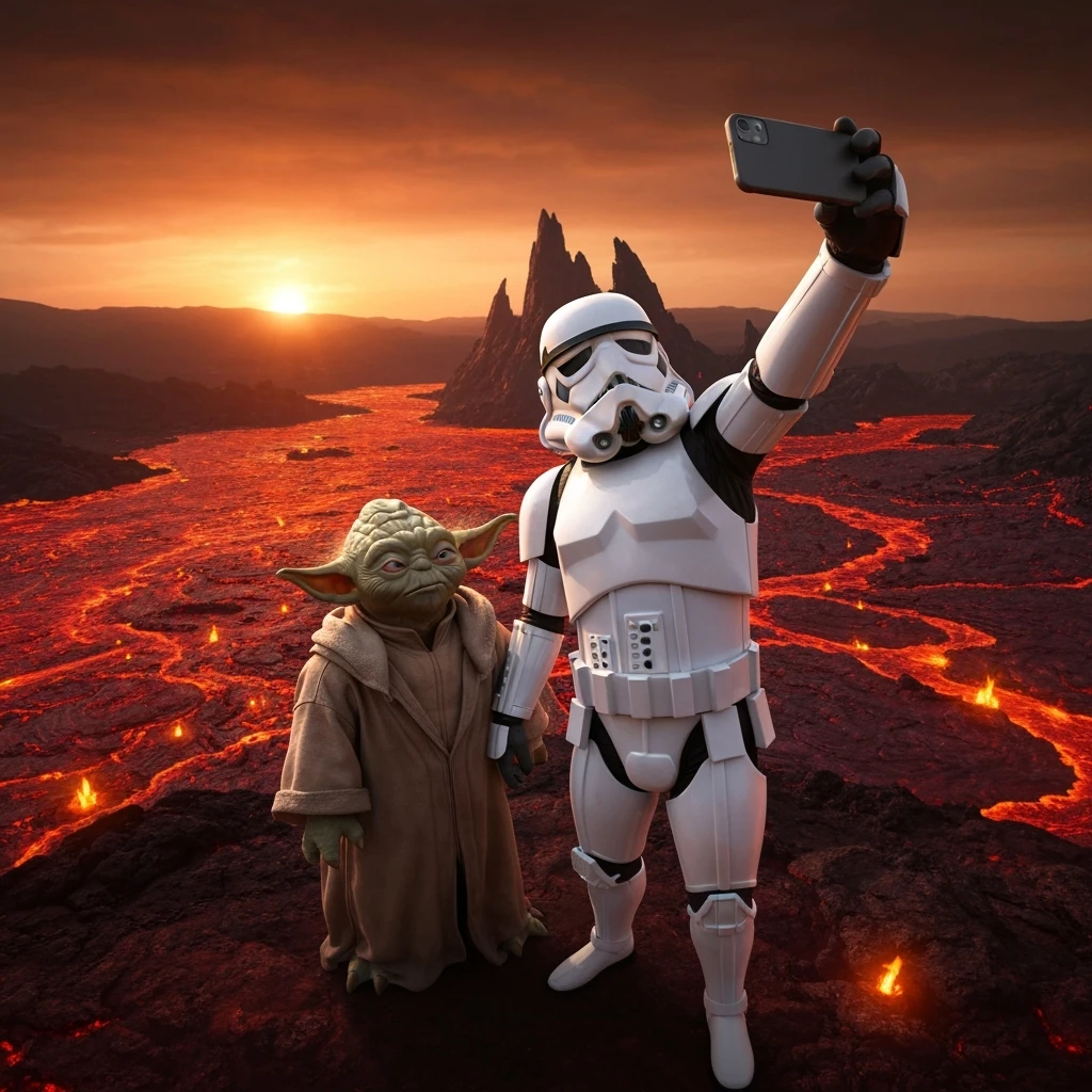 Camera POV, Starwars stormtroopers vlogging selfie, he is walking on lava planet with yoda emoji