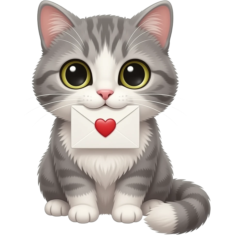 A grey cat holding a love letter in its mouth emoji