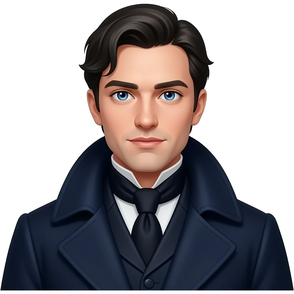 A Young Tall Mature looking Historical Duke of the North in his mid 20s, young sharp facial features with very light skin, partial bangs and side slicked back jet black hair and piercing ocean blue slim/small sharp-eyes, wearing a sharp, fancy dark navy formal uniform with a wooly collared coat. emoji