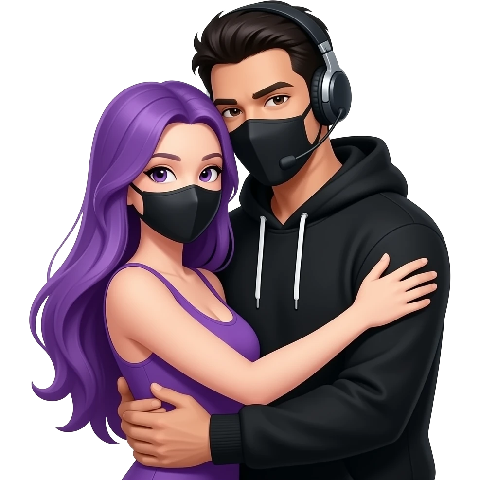 sexy girl with long purple hair and purple wearing in a black hoodie with a black mask is get hugged from behind from an blackhaired attractive man in a black hoodie with a black mask and a headset emoji