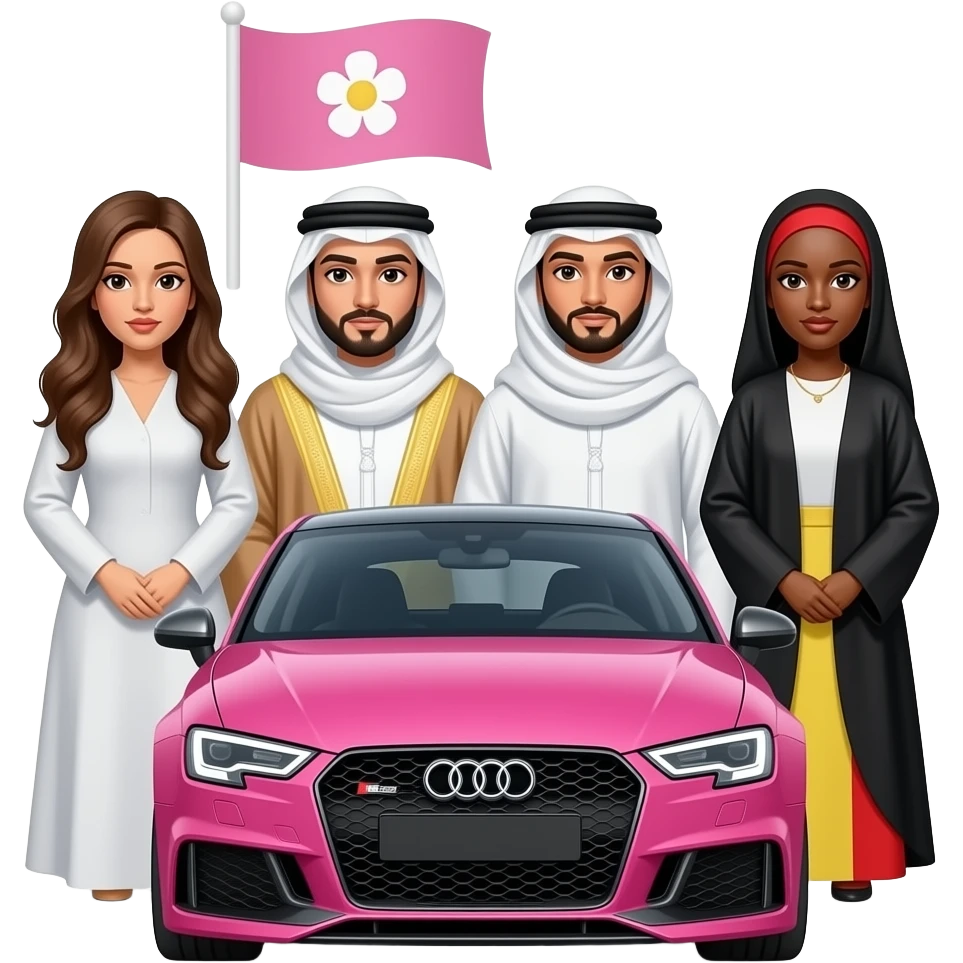 generate a pink flag with a flower on it and a rs3 with 4 girl in the car, 3 of them are arab and the 4th is senegalese on the flag emoji
