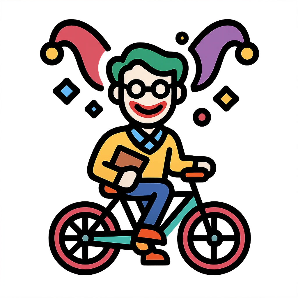 A teacher riding a bike with a joker-like aura emoji