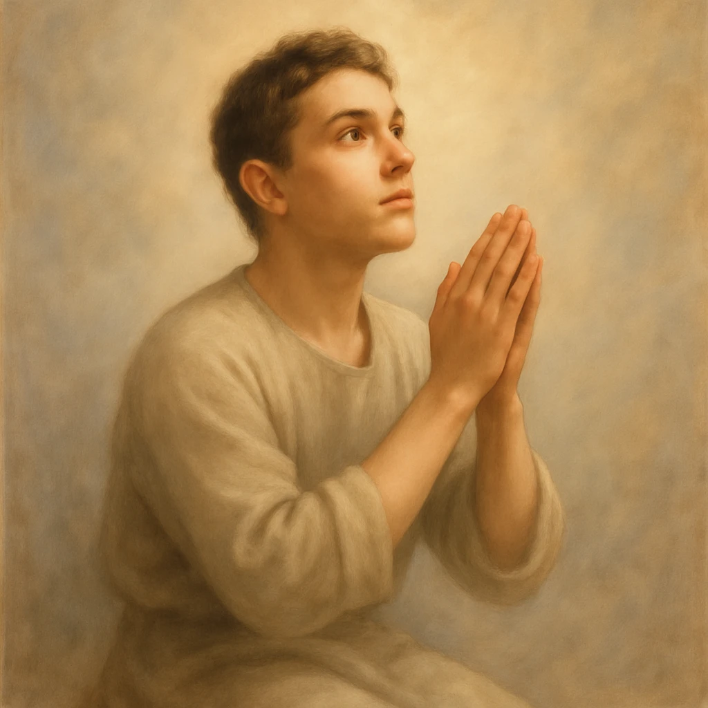 Remove the beard and make the man look 20 years old, keep the praying pose and peaceful expression, maintain the original style and appearance. emoji
