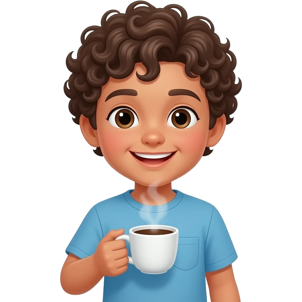 young boy with curly hairs and hold coffee emoji