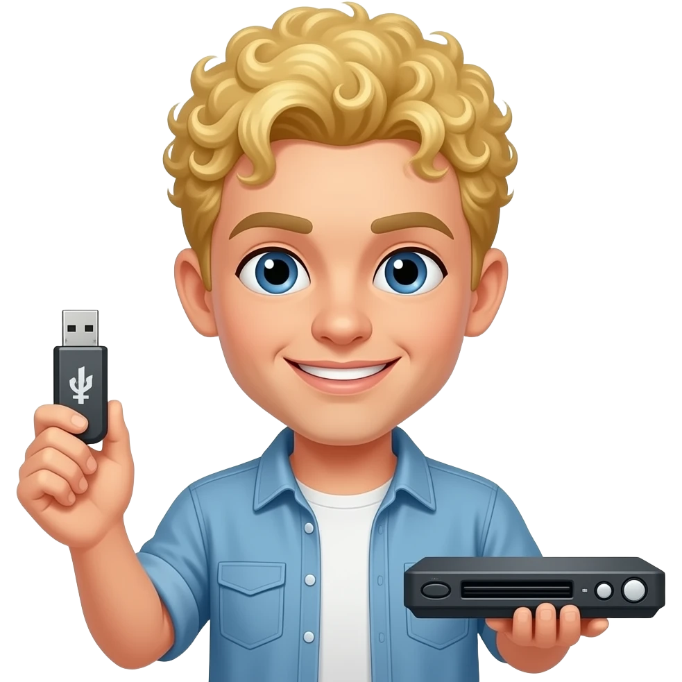 short blonde tight curly hair with a USB and DVD player emoji