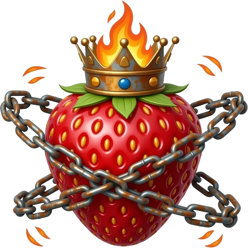 a strawberry made of bronze with a rusty, richly decorated English royal crown on top that is flaming. An oversized rusty chain is wrapped around the strawberry's body and is spinning around its body emoji