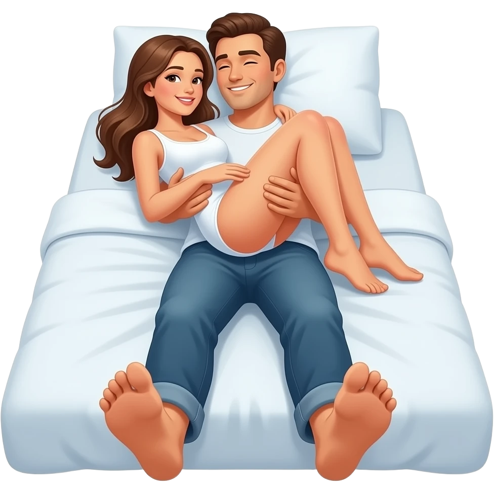 Women lying on chest of man, man below her. Only feet visible of both showing woman is on top man. . Showing couple intimate moments on bed. emoji