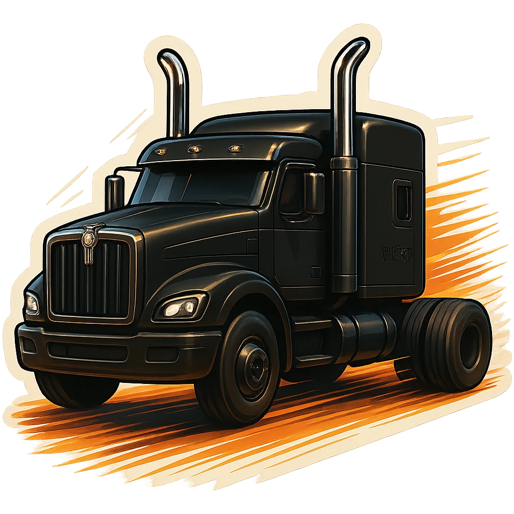 Black Kenworth W680 cartoon truck rolling down the road with motion lines and a fun, dynamic feel, keeping chrome stacks shiny and detailed. emoji