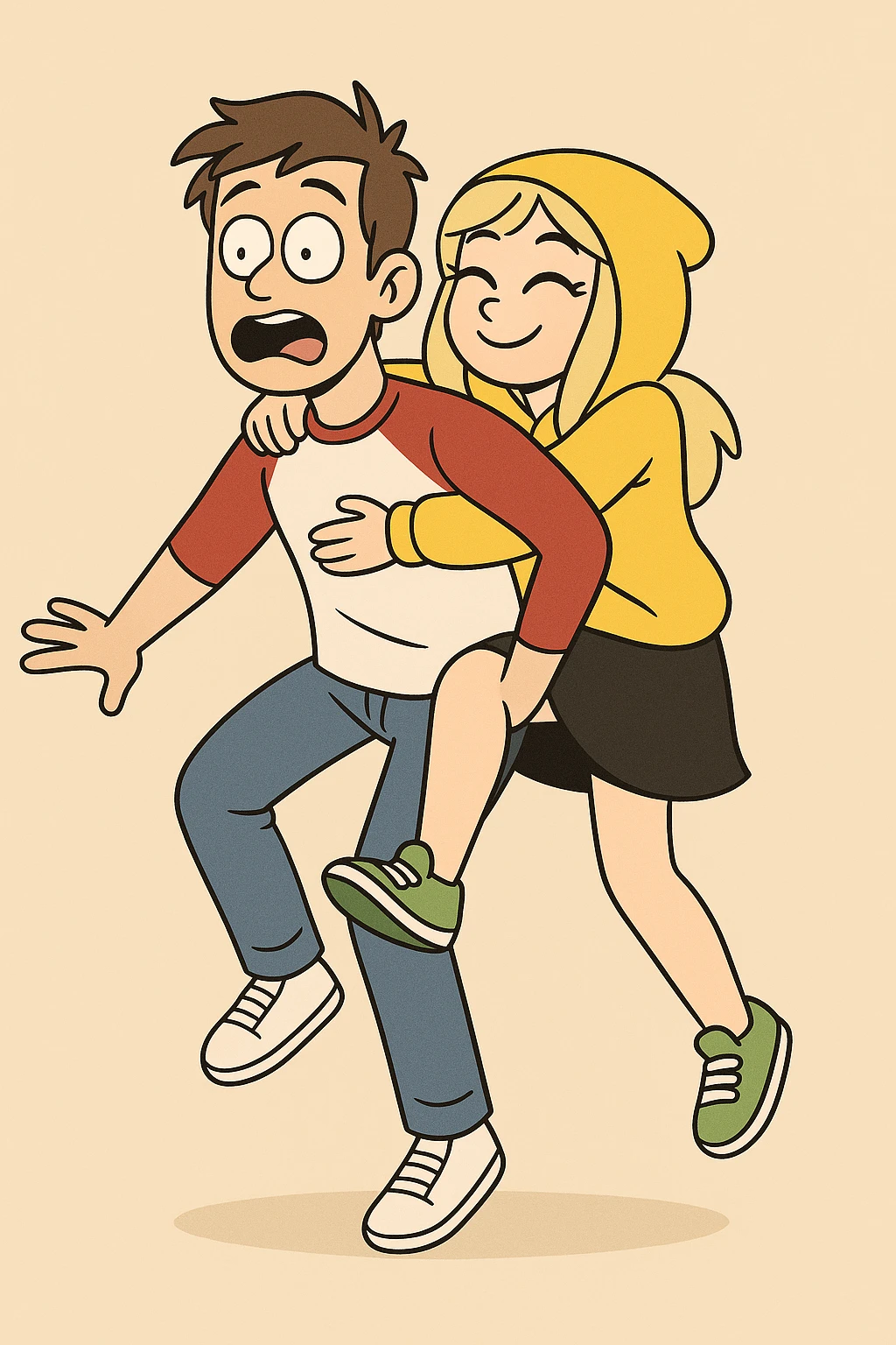 A man Raglan sleeves with Red t-shirts blue jeans white shoes carried by a cute a girl yellow hoodie black skirt green shoe  emoji