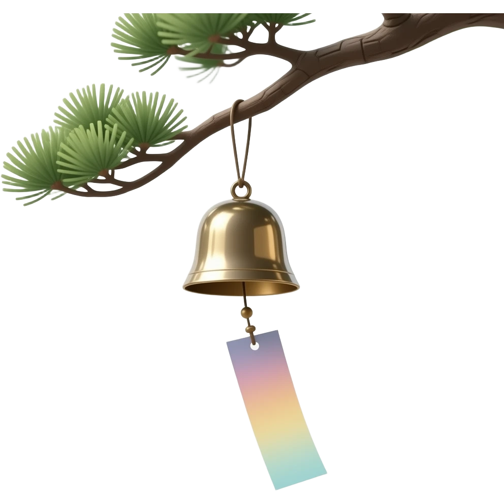 "A Japanese furin wind chime hanging from a bonsai tree branch. A single rectangular paper strip is attached below, moving softly with the wind. The paper changes color randomly each time. Minimalist scene, soft natural lighting, calm atmosphere, Japanese aesthetic." emoji