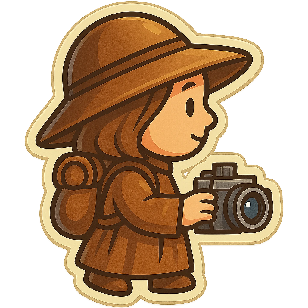 A small, funny medieval pilgrim with a camera, seen from the side (profile view), in retro stickers style, with a transparent background. emoji