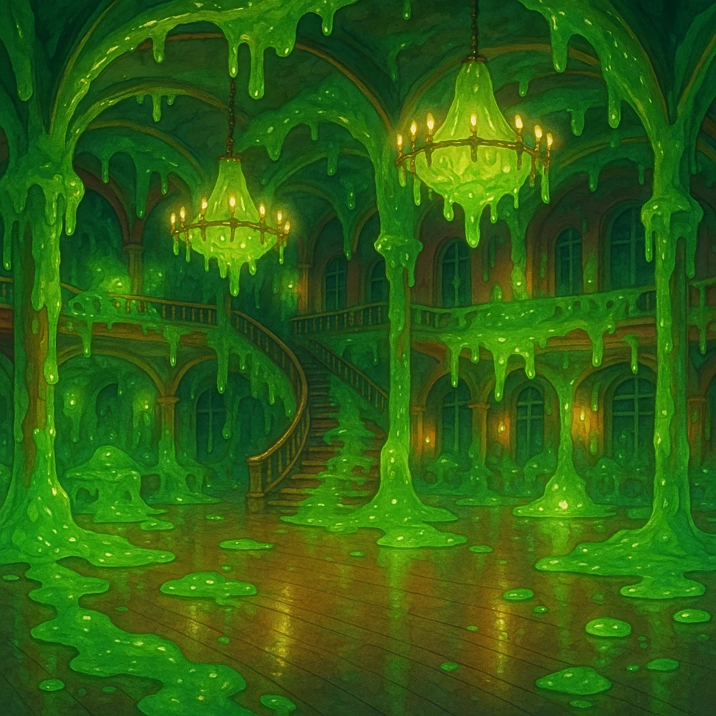 a ghibli-inspired dance hall with a whimsical, slimy atmosphere and glowing green ooze emoji