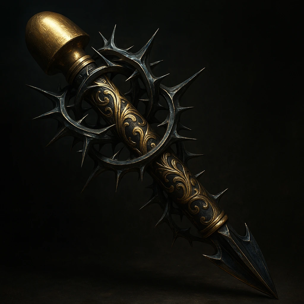 A fantasy-style arrow with a blunt, rounded golden tip, ornate gold filigree along the shaft, encircled by sharp metallic thorns. Hyper-detailed, metallic shine, dark cinematic background. emoji