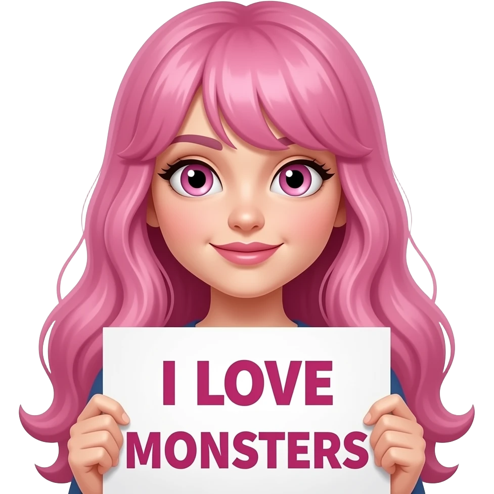 sexy girl with long pink hair and pink eyes wearing a holding a I LOVE MONSTERS sign emoji