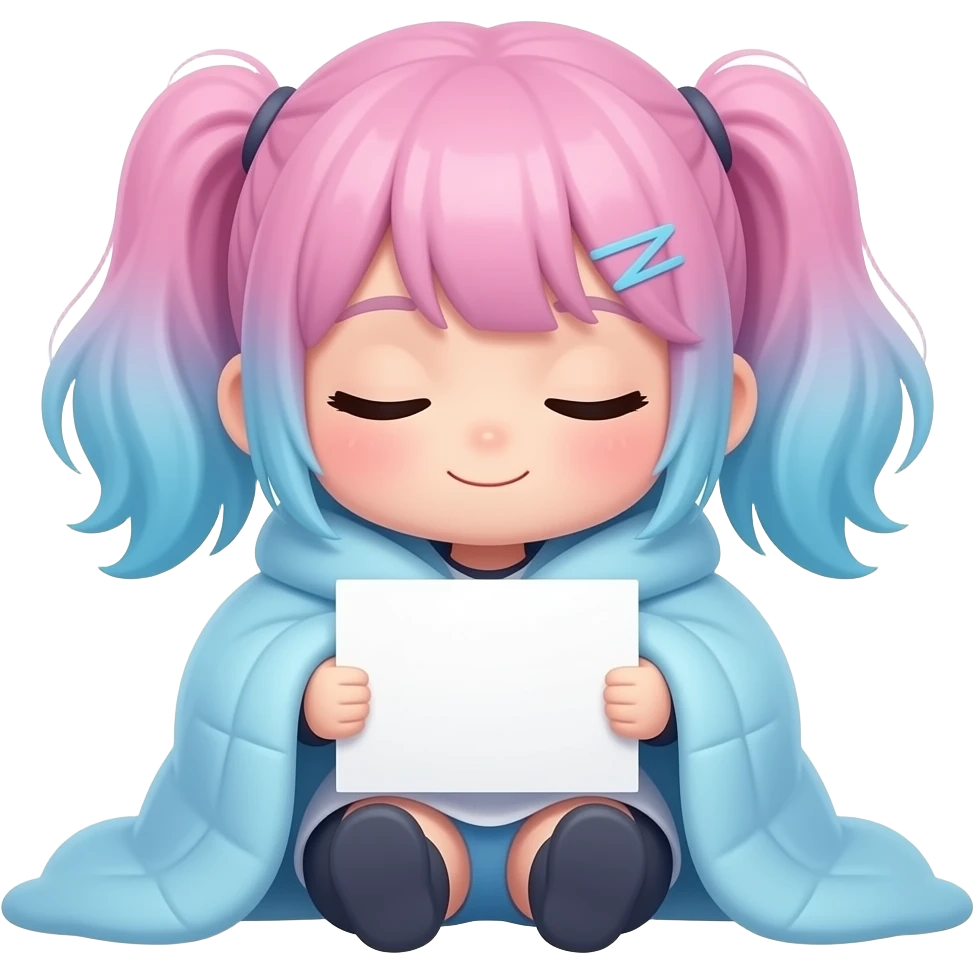 Can you make a chibi girl that has pink and blue hair with a sign that is snuggles up in a blanket emoji