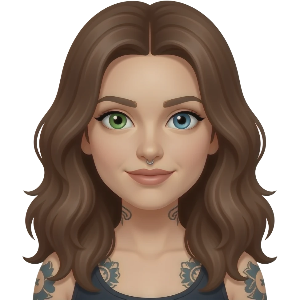 white long wavy haired brunette woman with one green eye one blue eye tattoos a philtrum piercing and a thin streak of grey hair emoji