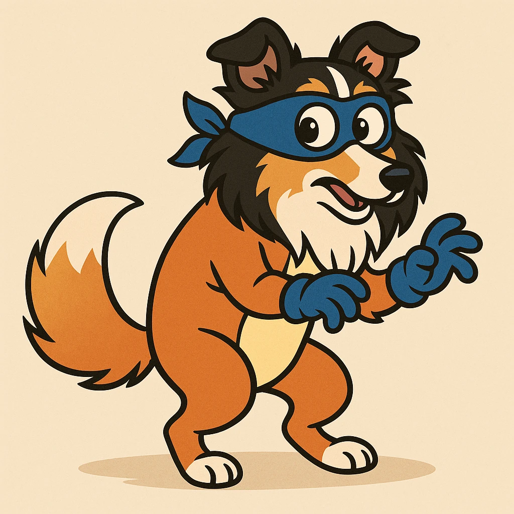 A tricolor Shetland Sheepdog in a Swiper the fox disguise, featuring a blue mask, blue gloves, and orange body suit, looking sneaky and animated, cartoon style emoji