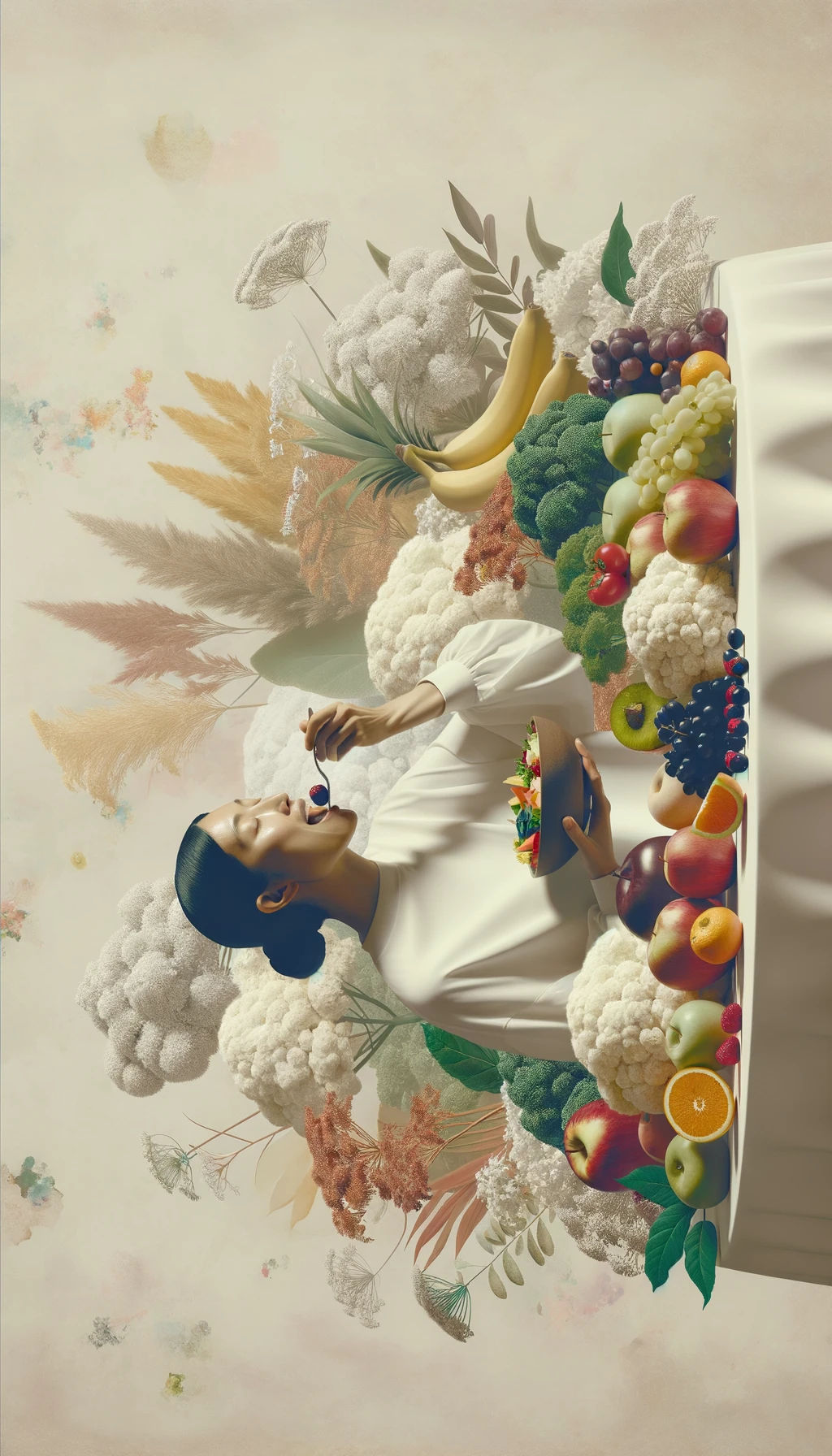 donna che mangia una montagna di frutta e verdura, SFONDO molto CHIARO NEUTRO, colori realistici, iperrealistico 4k emoji