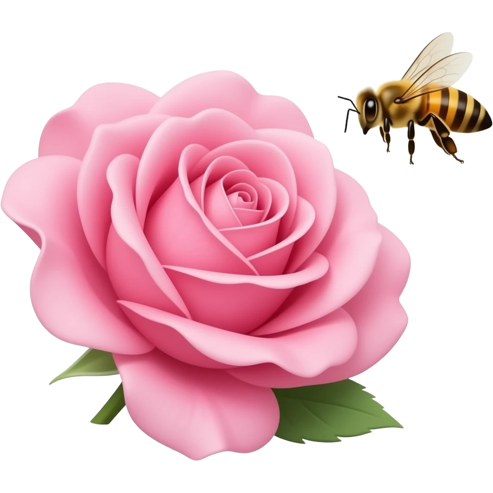 a pink rose with  bee flying around it emoji