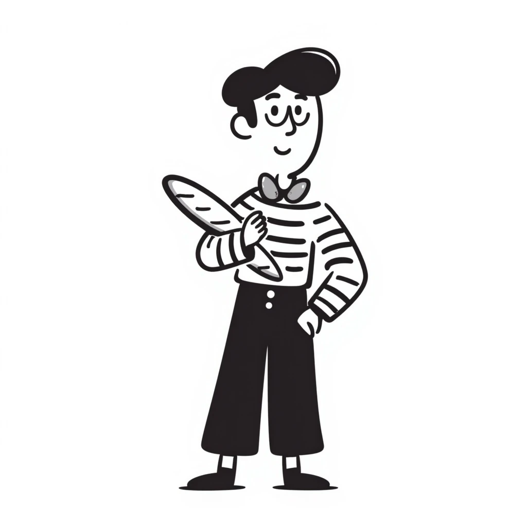 A Frenchman with a beret, holding a baguette under his elbow, wearing a black and white striped shirt, hand-drawn doodle style. emoji