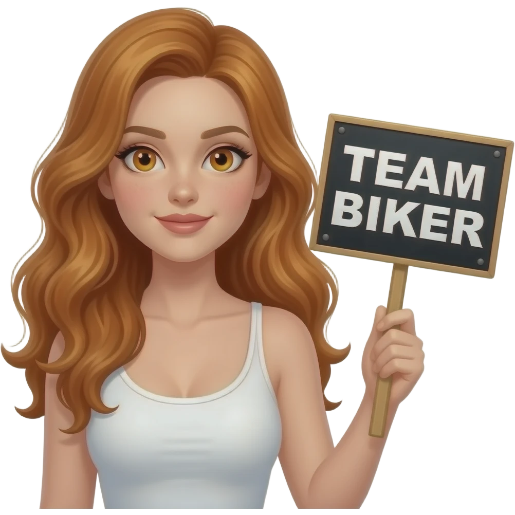 sexy girl with long wavy ginger hair and ginger eyes wearing a white tanktop is holding a black colored sign with TEAM BIKER written on it emoji