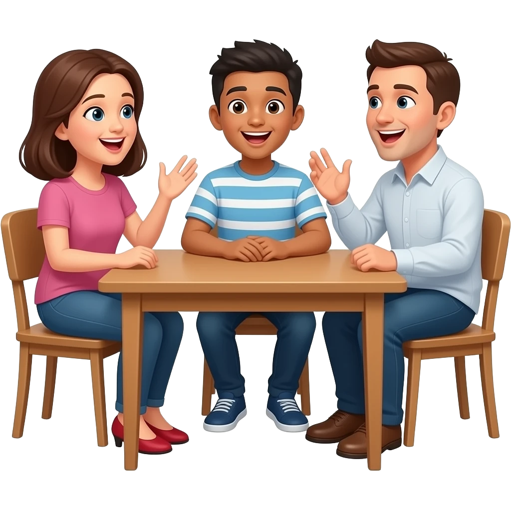 Dialogue between two adults and a teenager sitting at the table at home looking at each other in a conversational mood, mouths open, hands moving, faces speaking emoji