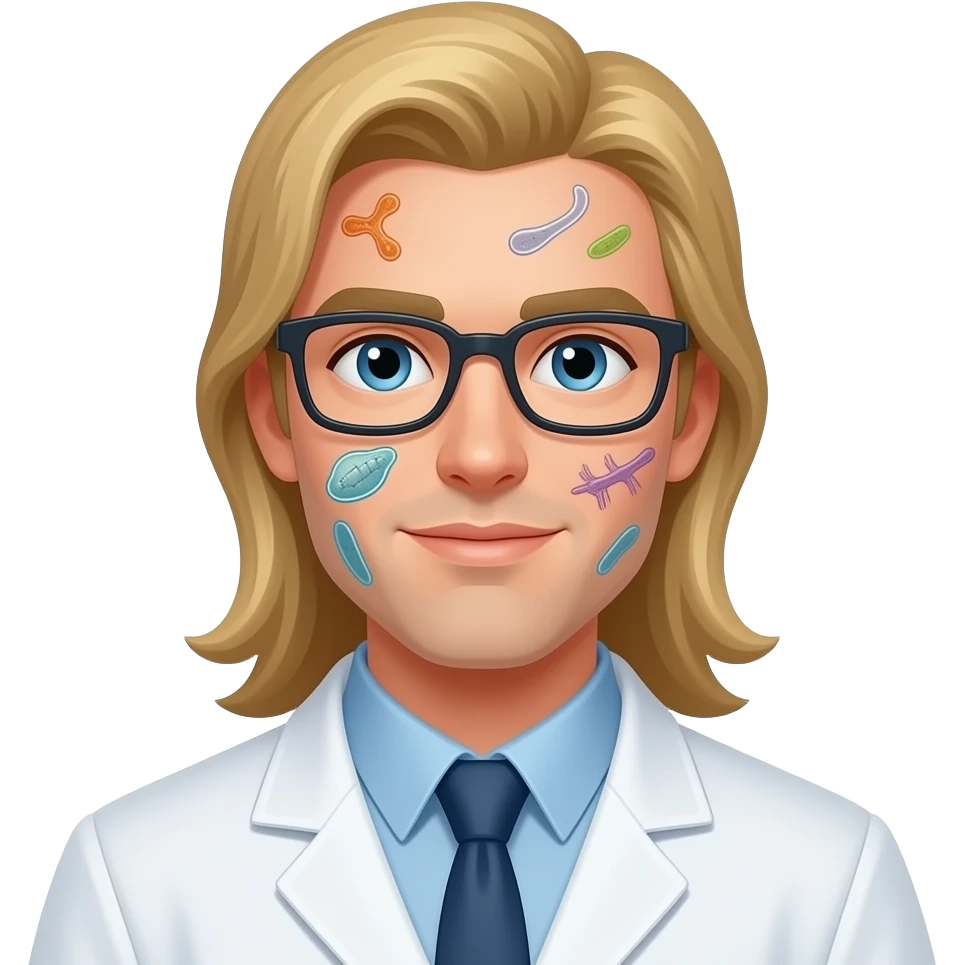clean shaven blonde male scientist with hair to his waist has specimen on his face emoji