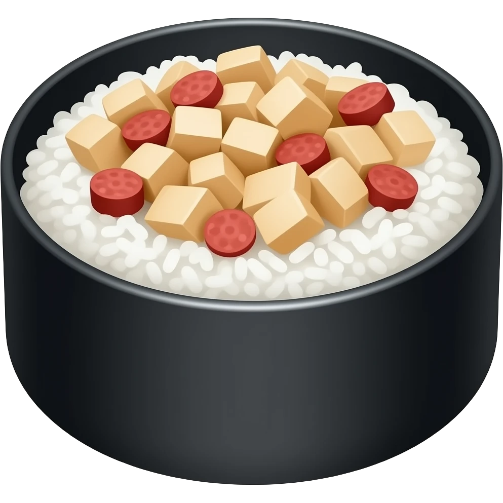 Rice bowl in a round black box. It has rice topped with chicken cubes,sausage slices emoji