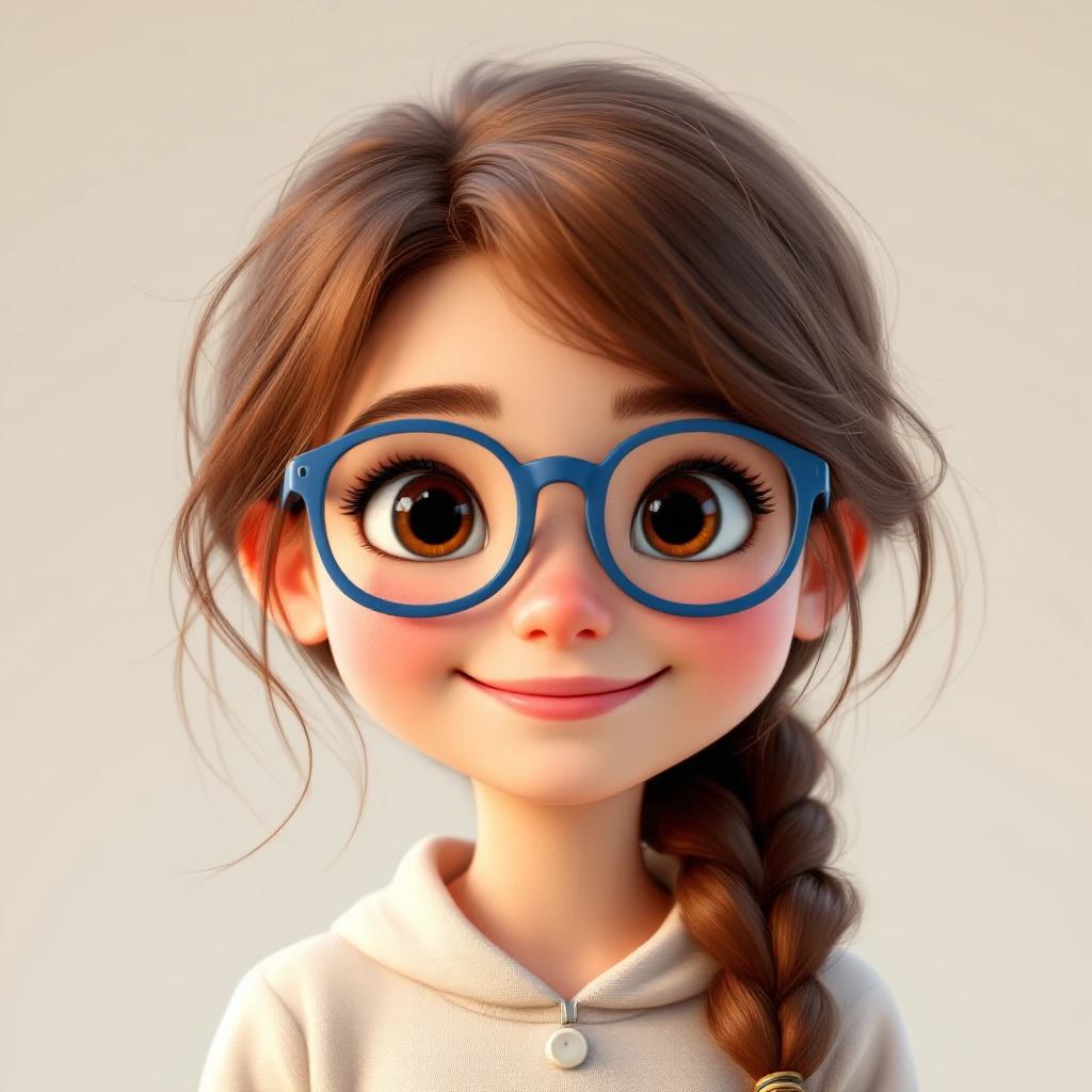 3D Disney style character of a girl with brown hair in a braid, blue glasses, and a happy expression, referencing the provided image emoji