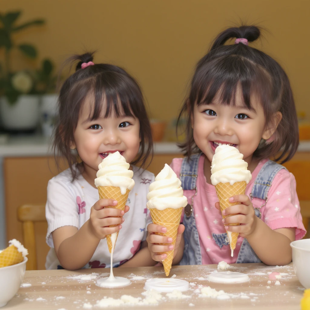 happy children with melting ice cream cones emoji
