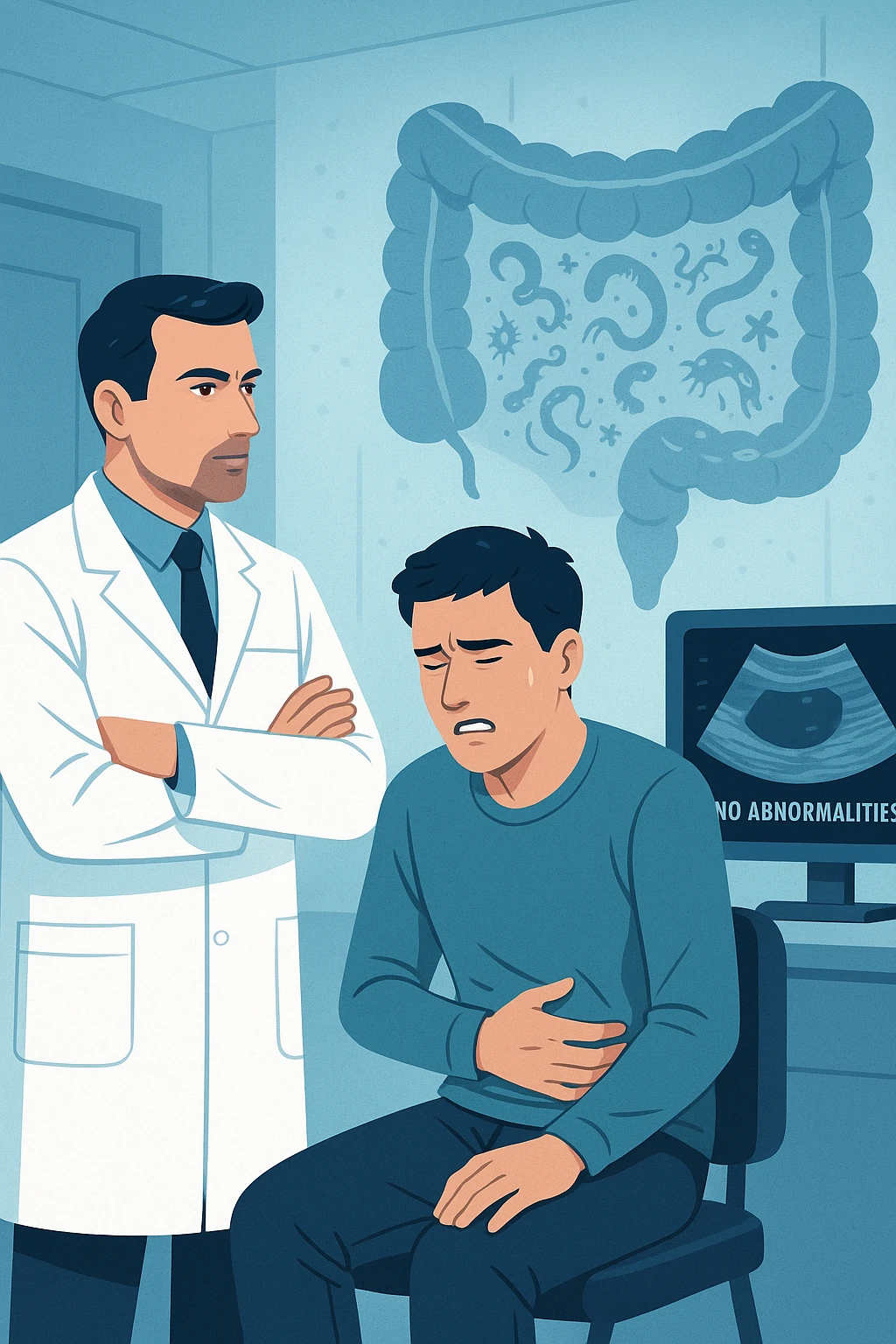 Medico in camice bianco in uno studio moderno, mentre osserva una TAC o ecografia su uno schermo con espressione convinta. Accanto a lui, un paziente seduto che lamenta dolori intestinali. Sullo sfondo, un’immagine traslucida dell’intestino pieno di piccoli parassiti stilizzati (vermi, protozoi), non visibili nel monitor medico. Il monitor mostra 'nessuna anomalia', ma dietro c’è la realtà invisibile. Atmosfera clinica ma con contrasto simbolico tra 'ciò che si vede' e 'ciò che sfugge'. Colori freddi, luce ospedaliera emoji