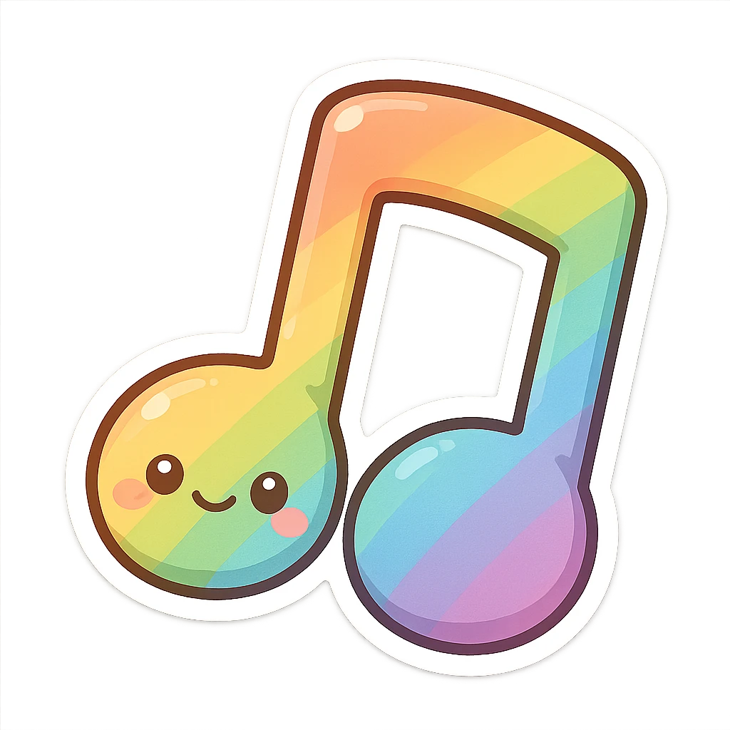 chibi sticker-style rainbow musical note, cute and exaggerated emoji