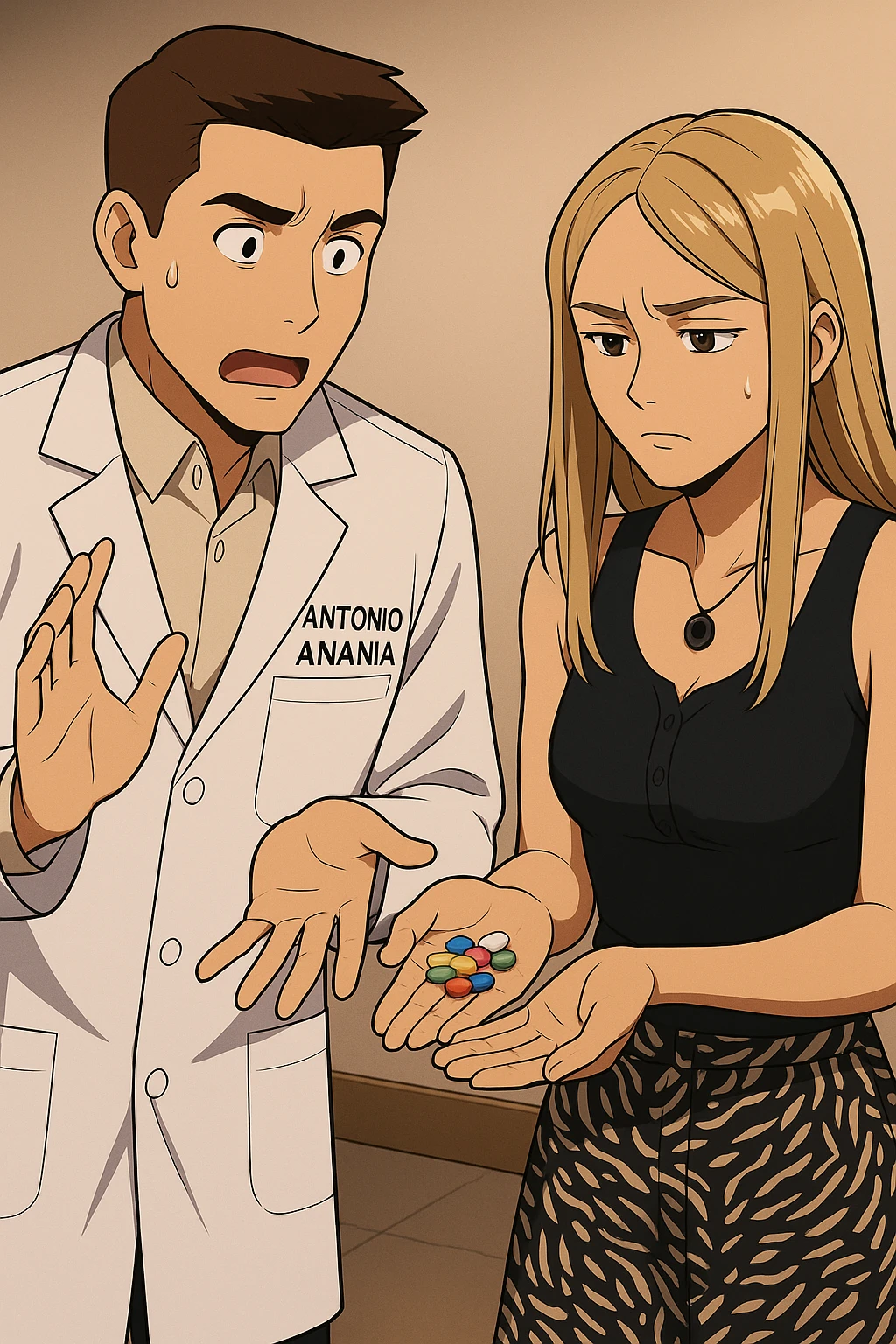 fai un webtoon/manga a colori con questo kinesiologo in camice bianco (fagli la scritta "ANTONIO ANANIA" SUL CAMICE) CHE PARLA CON QUESTA RAGAZZA. LA RAGAZZA HA UN PUGNO DI INTEGRATORI IN MANO (TANTE PILLOLE DIVERSE) E LE GUARDA DUBBIOSA. IL KINESIOLOGO CON IL CAMICE BIANCO LE DOMANDA UNA COSA SCIOCCATO. NON FARE I FUMETTI, FAI SOLO LORO COME SE DIALOGASSERO emoji